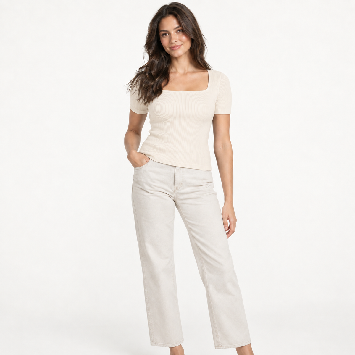 Square-Neck Ribbed Knit Top in Cream
