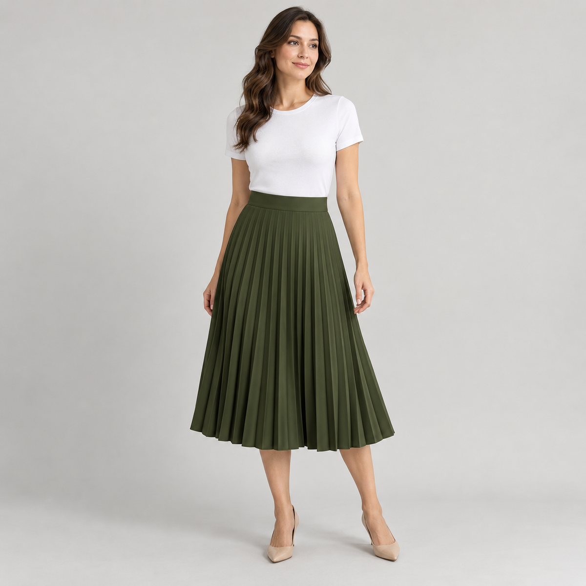 High-Waisted Pleated Midi Skirt in Olive