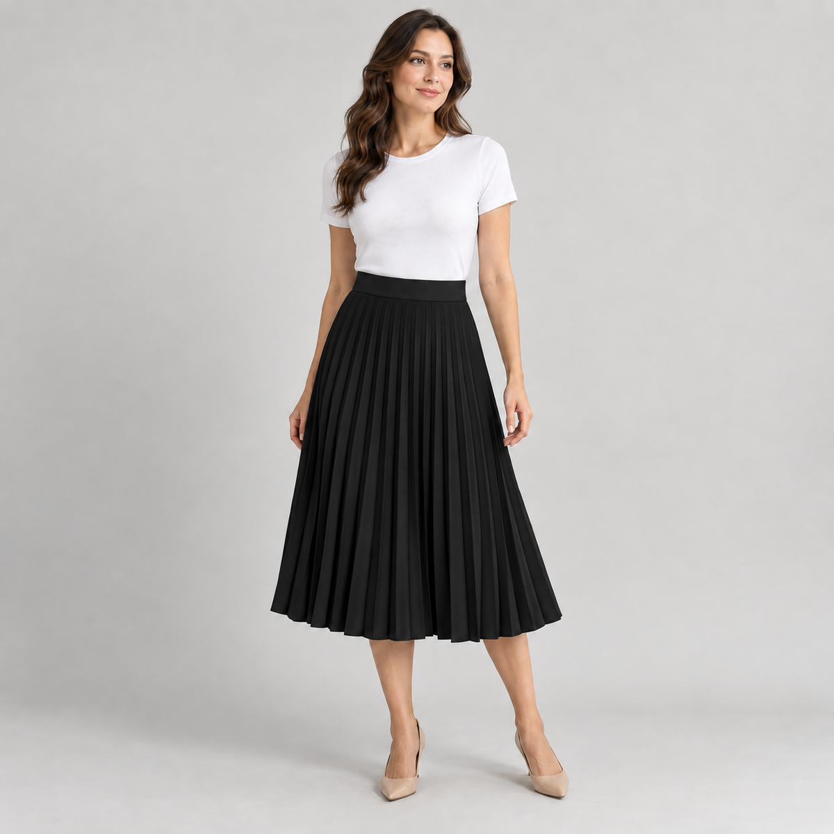 High-Waisted Pleated Midi Skirt in Black