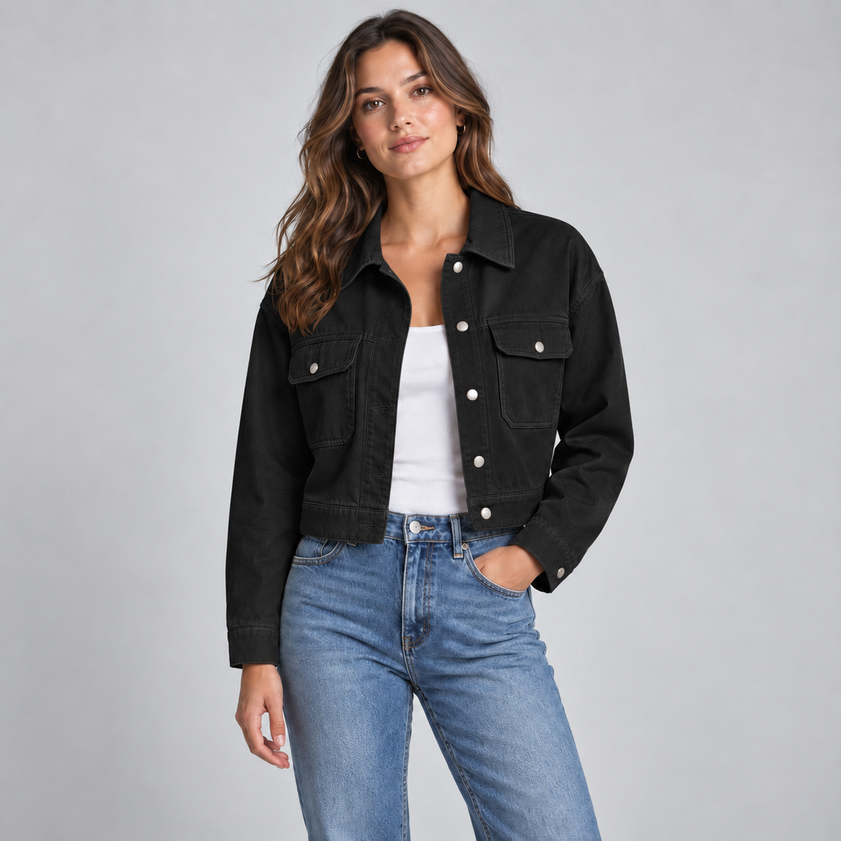 Cropped Utility Jacket in Black