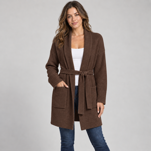 Belted Longline Knit Cardigan in Cocoa
